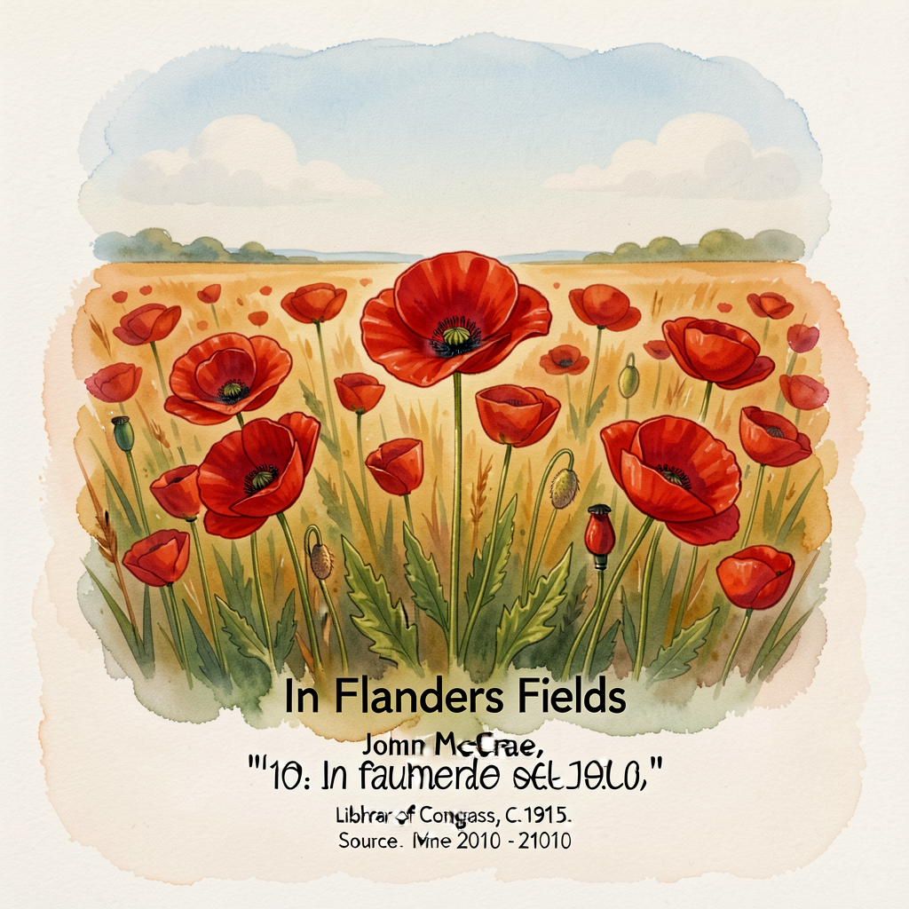 8x10 public-domain photograph of red poppies in a field (Library of Congress, c.1920). Paired with John McCrae's 1915 'I