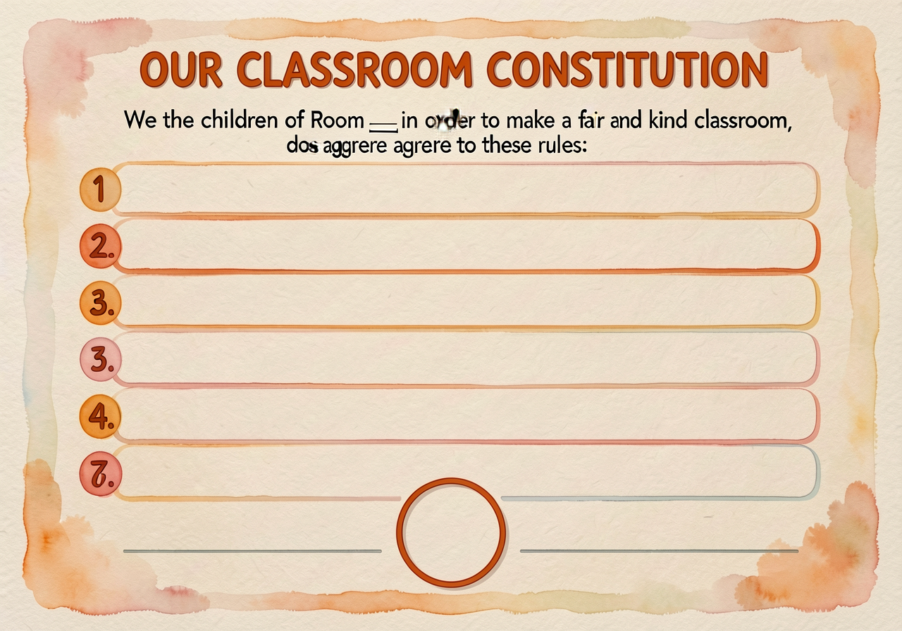 MG-10 36x48 inch parchment-style laminated chart titled 'OUR CLASSROOM CONSTITUTION' with a preamble line ('We the child