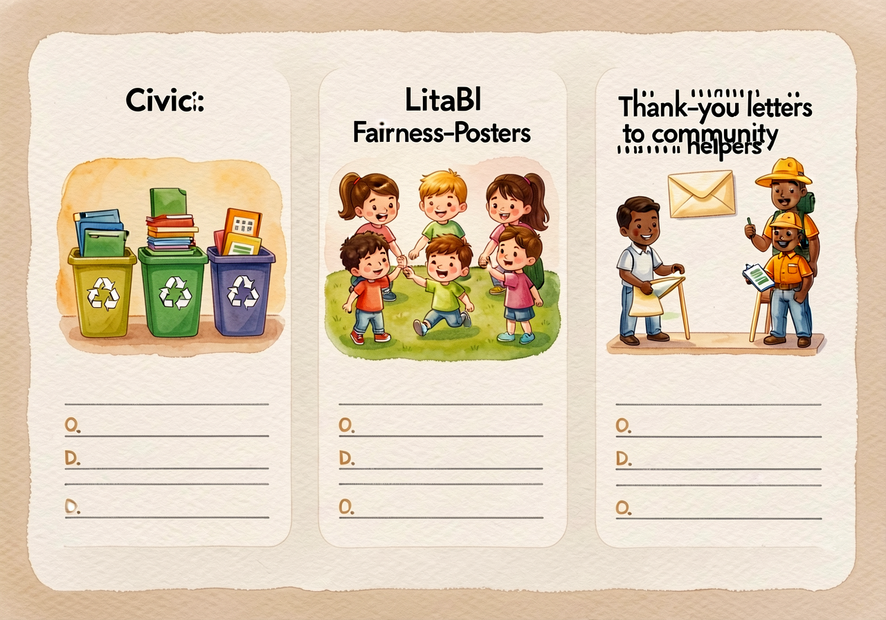36x18 inch chart with 3 illustrated civic-action options: A) classroom recycling system (3 bins icon); B) playground-fai