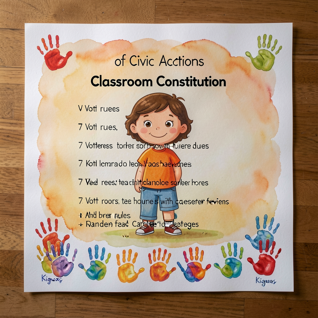 Top-down photo of completed Classroom Constitution with all 7 voted rules + all child handprints/signatures around the b