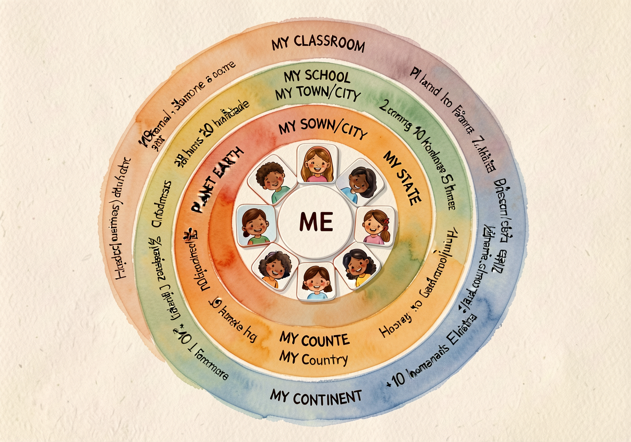 MG-3 48x36 inch laminated chart with 7 concentric rings: MY CLASSROOM (innermost), MY SCHOOL, MY TOWN/CITY, MY STATE, MY
