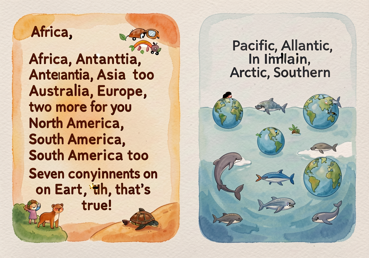 5x7 inch laminated chant card per child. Front: 7-continent chant lyrics ('Africa, Antarctica, Asia too / Australia, Eur