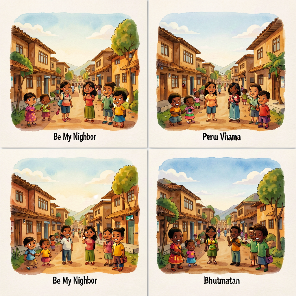 4 photographed spreads from 'Be My Neighbor' showing neighborhoods in Iraq, Vietnam, Peru, Ghana, and Bhutan. Each sprea