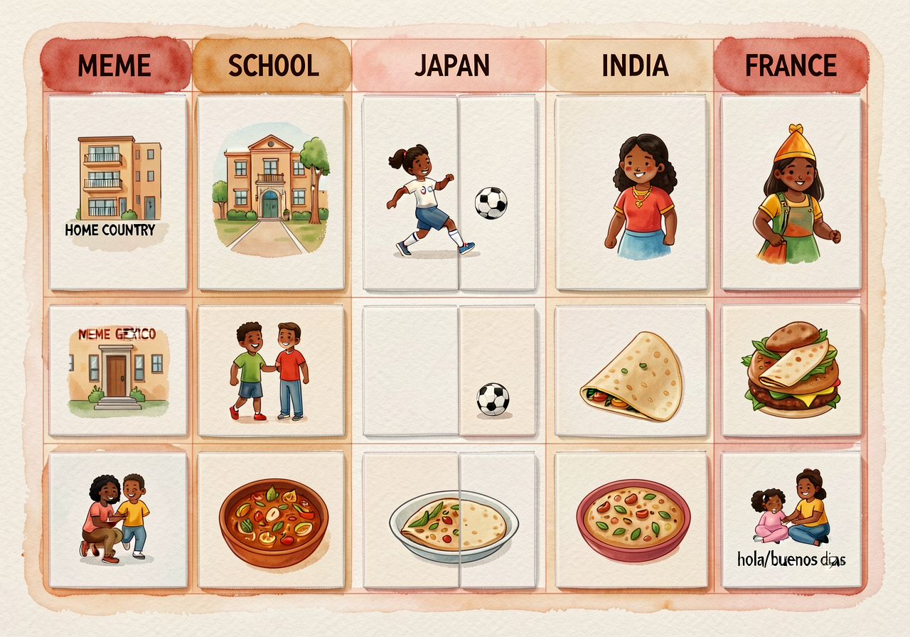 MG-9 48x60 inch grid chart. Row labels: HOME COUNTRY, MEXICO, JAPAN, GHANA, INDIA, FRANCE. Column labels: HOME, SCHOOL, 