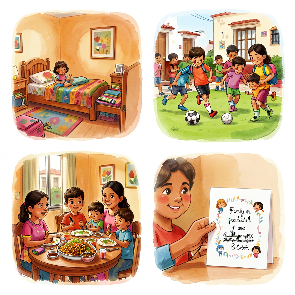 5 photographs (5x7 each) from a real Mexican family in Guadalajara with consent: (1) child's bedroom; (2) school morning