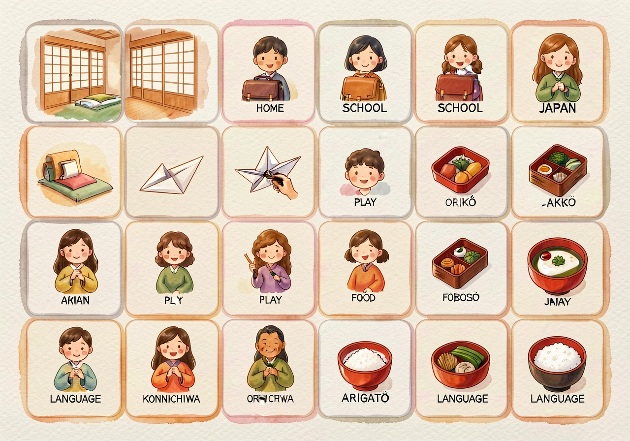 MG-9 grid as continued from L12. Today JAPAN row added: HOME (apartment with futon and shoji); SCHOOL (randoseru + gakkō