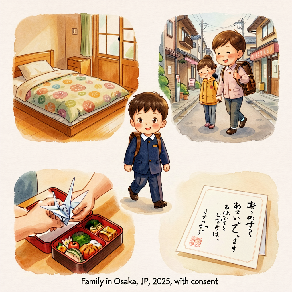5 photographs (5x7) from a real Japanese family in Osaka with consent: (1) bedroom with futon; (2) school child wearing 
