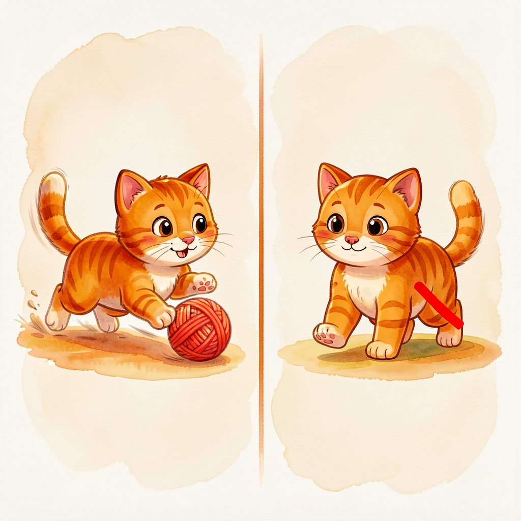 Cartoon split: LEFT — kitten mid-scamper after a yarn ball, paws blurred. RIGHT — kitten labeled as if trudging (impossi