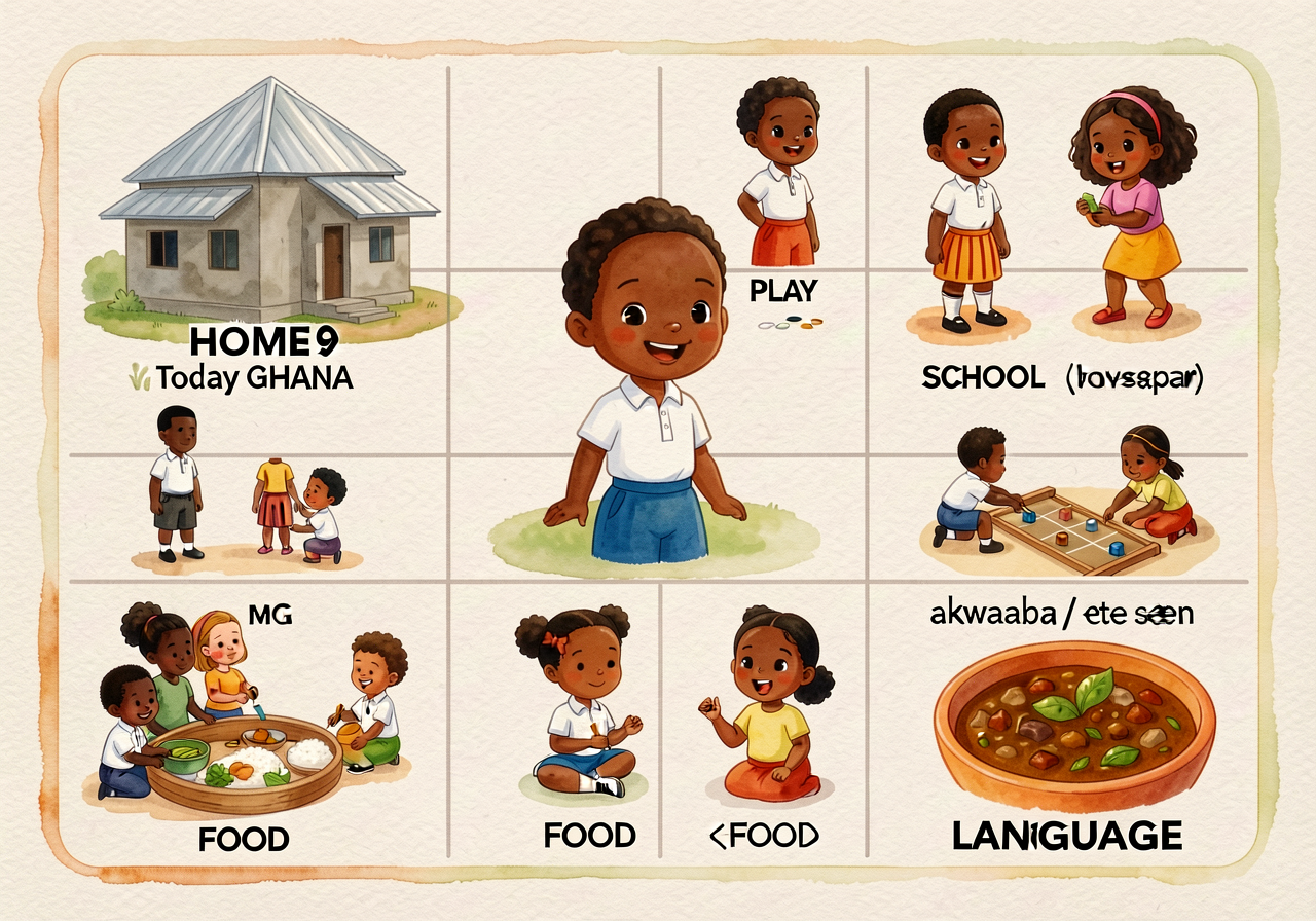 MG-9 grid as continued. Today GHANA row added: HOME (concrete house with metal roof); SCHOOL (uniform with white shirt +