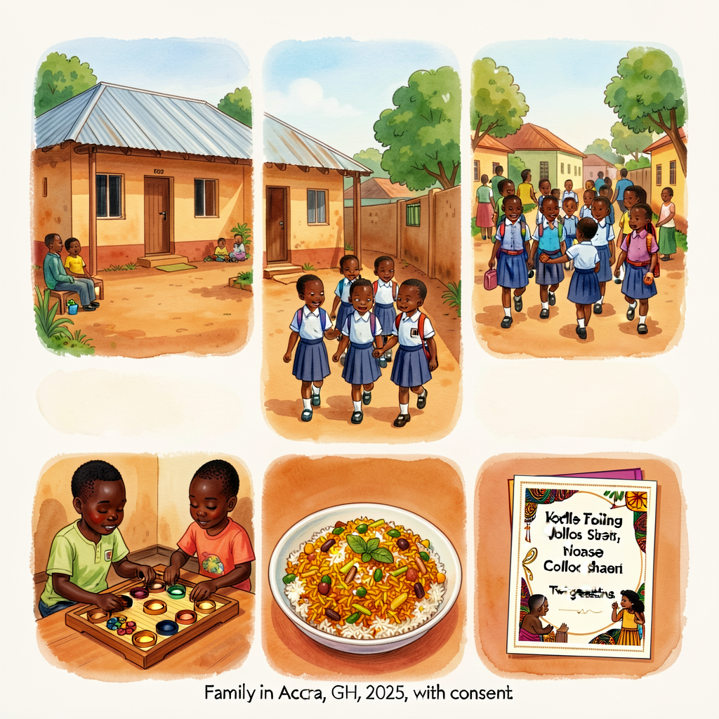 5 photographs (5x7) from a real Ghanaian family in Accra with consent: (1) home with metal roof and courtyard; (2) schoo