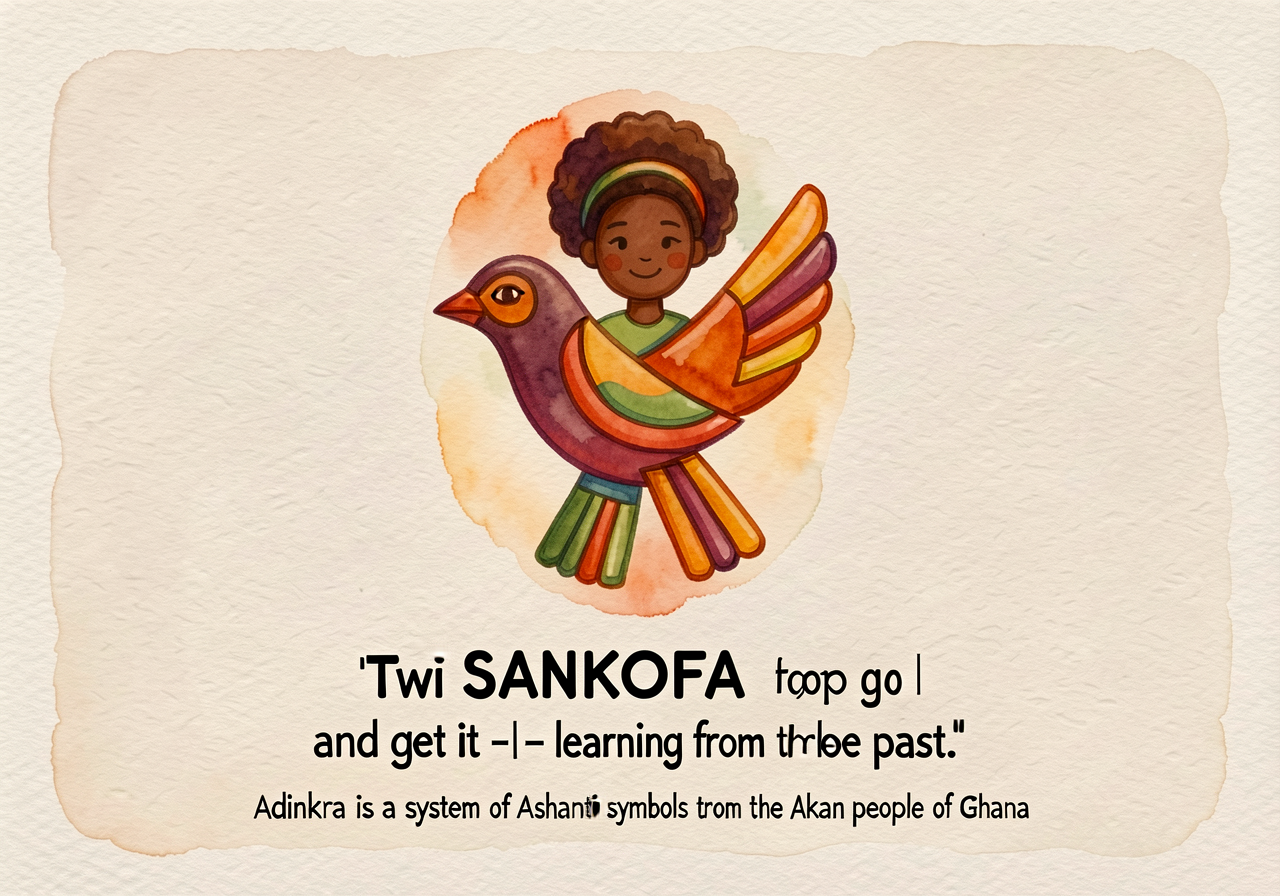 5x7 inch card with Sankofa adinkra symbol (bird looking backward) illustrated; meaning printed below: 'SANKOFA - Twi for