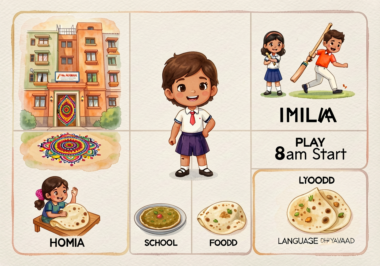 MG-9 grid as continued. Today INDIA row added: HOME (apartment in Mumbai with rangoli at door); SCHOOL (school uniform +