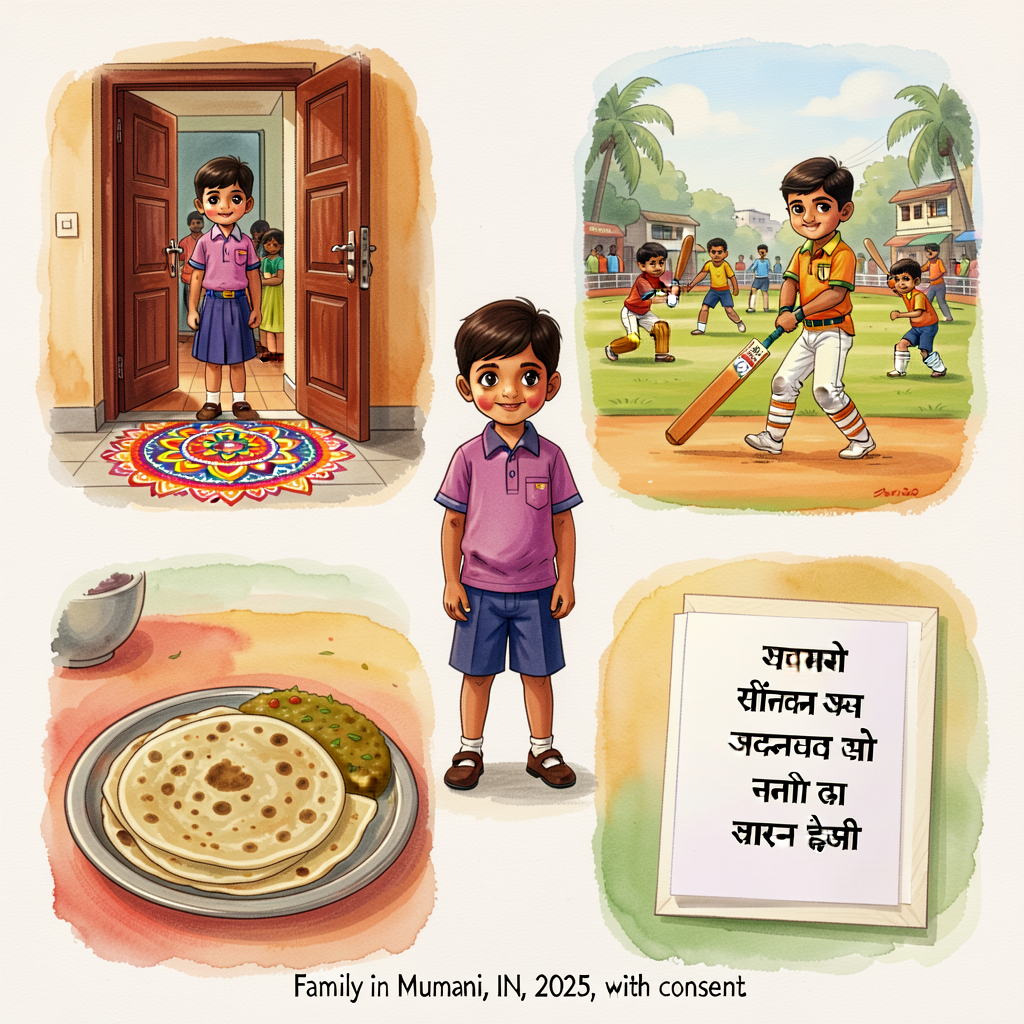 5 photographs (5x7) from a real Indian family in Mumbai with consent: (1) apartment doorway with rangoli; (2) school chi