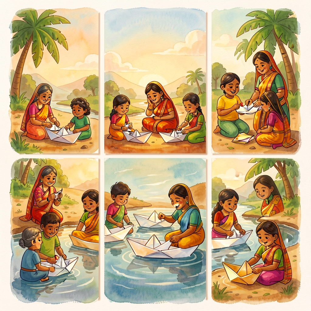 3 photographed spreads from Sheth/Corace 2008 'Monsoon Afternoon.' Gujarati family, intergenerational paper-boat-folding