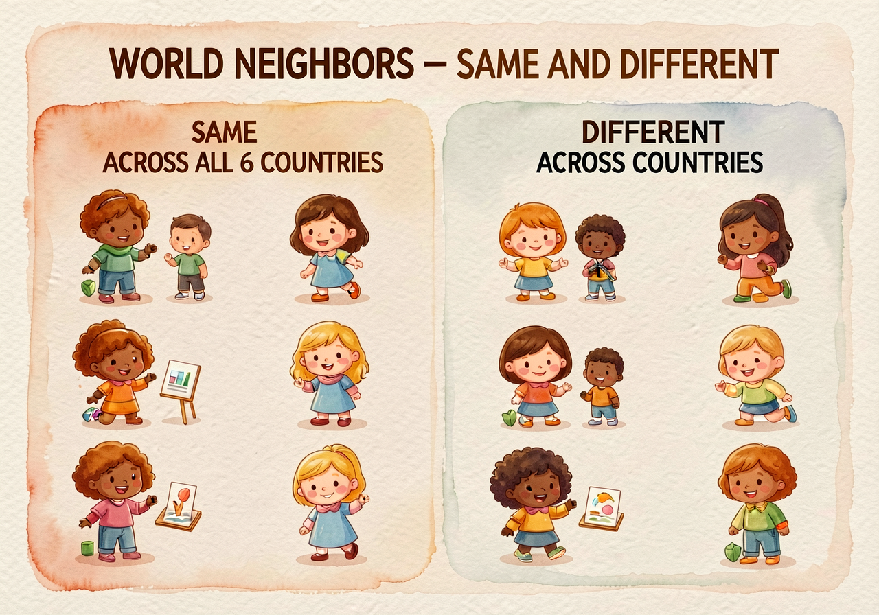 36x24 inch side-by-side chart titled 'WORLD NEIGHBORS - SAME AND DIFFERENT.' LEFT column 'SAME ACROSS ALL 6 COUNTRIES' (