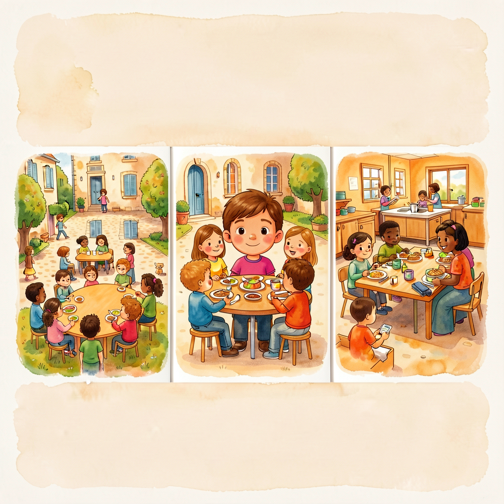 3 photographed spreads from Major/Placin 2018 'A School Day in France.' Bilingual French-English. Scenes from école cour