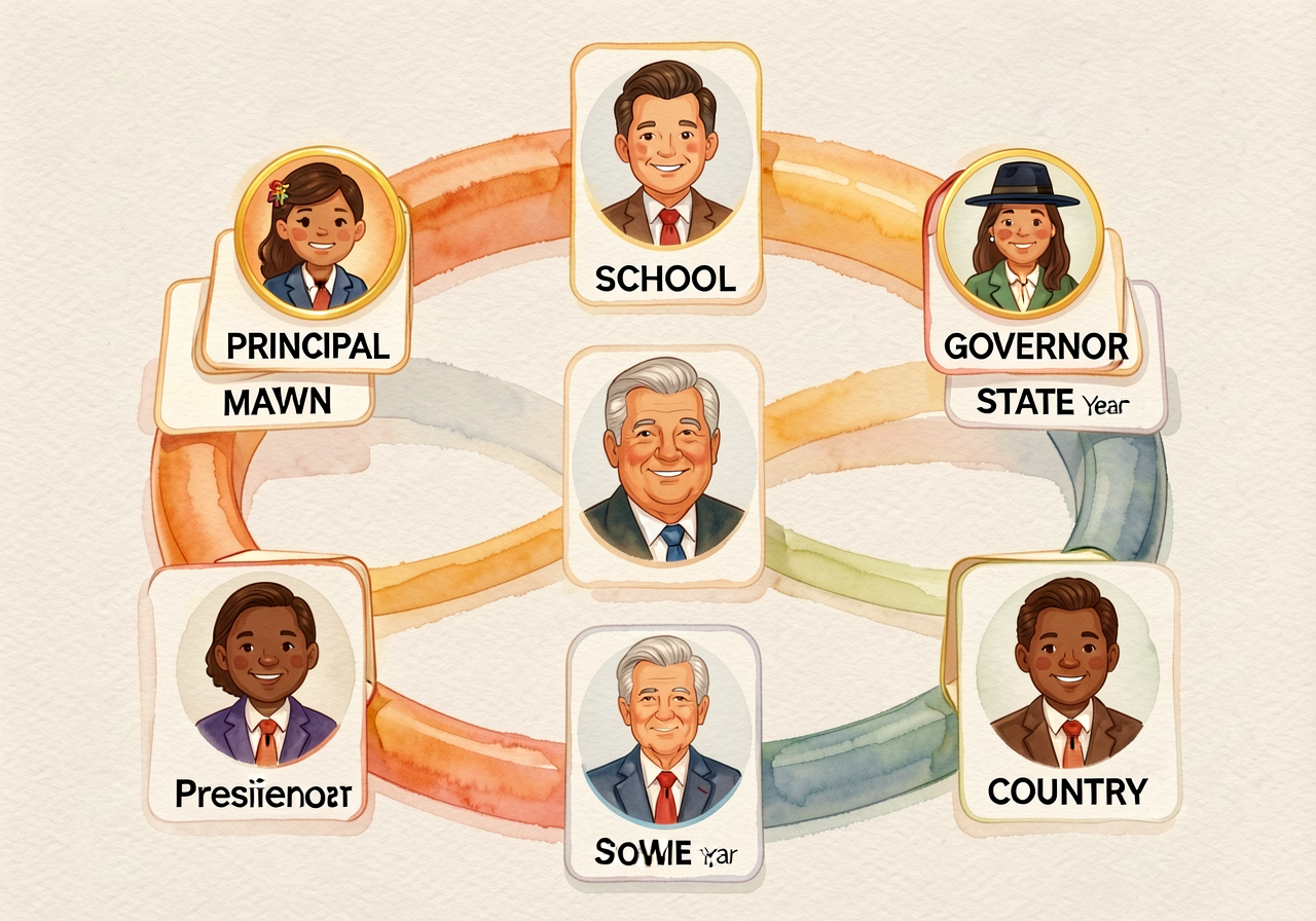 MG-3 with all 7 rings + leader portrait cards placed at each ring level. PRINCIPAL at SCHOOL ring; MAYOR at TOWN; GOVERN