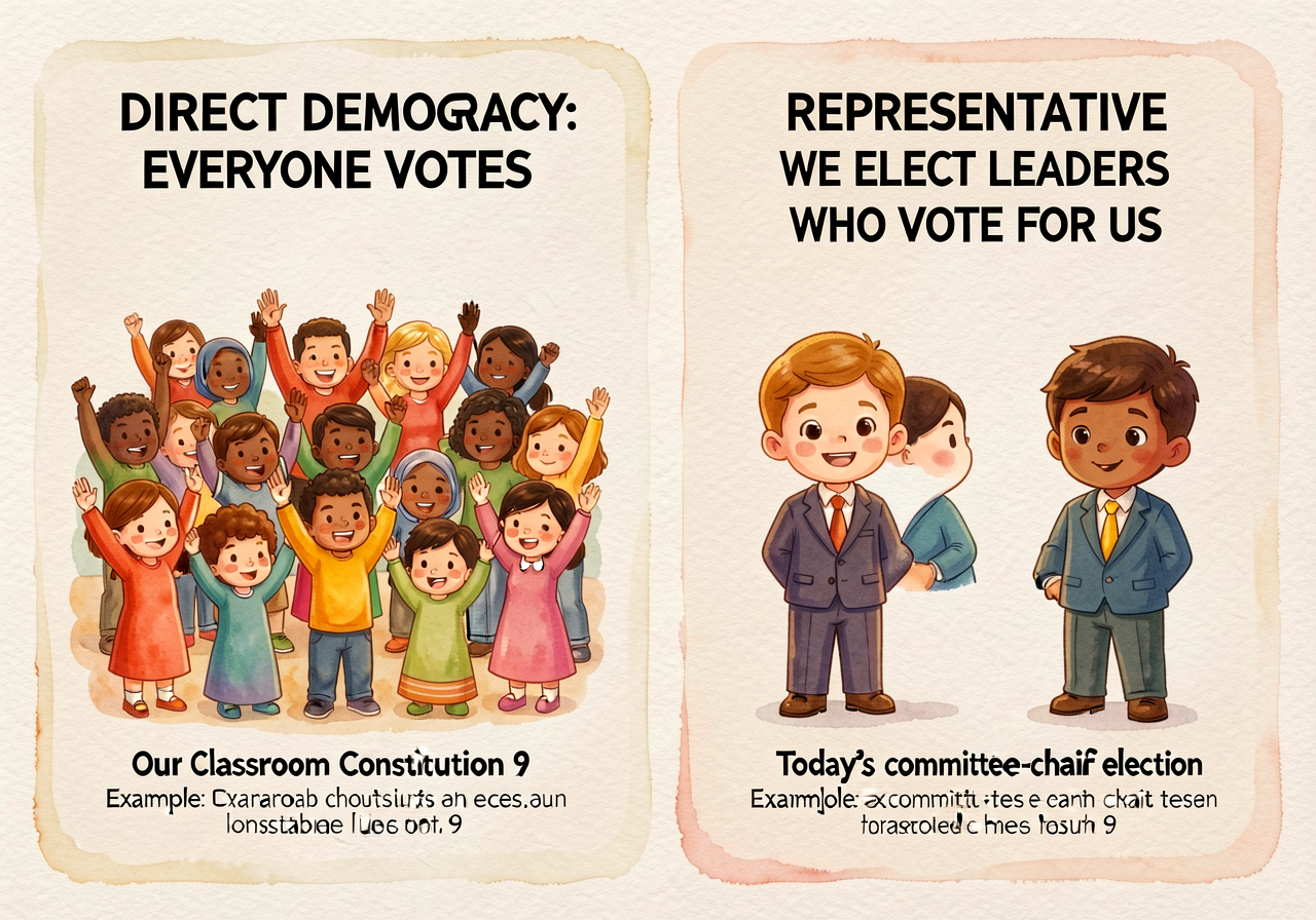 36x18 inch side-by-side chart. LEFT 'DIRECT DEMOCRACY: EVERYONE VOTES' with 20-children-raising-hands illustration + exa