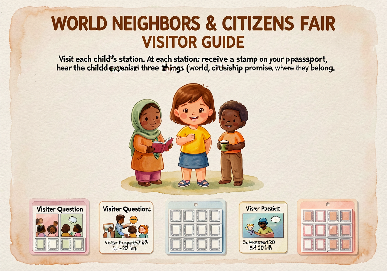 36x24 inch chart titled 'WORLD NEIGHBORS & CITIZENS FAIR - VISITOR GUIDE.' Top: 'Visit each child's station. At each sta