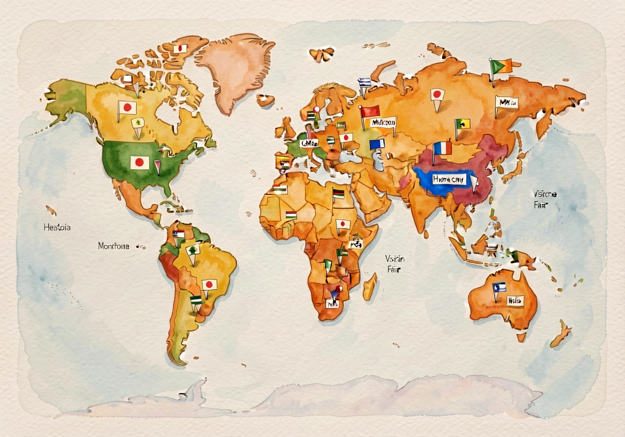 MG-7 60x40 inch world map with 25+ pinned paper flags - 5 study countries (Mexico, Japan, Ghana, India, France) heavily 