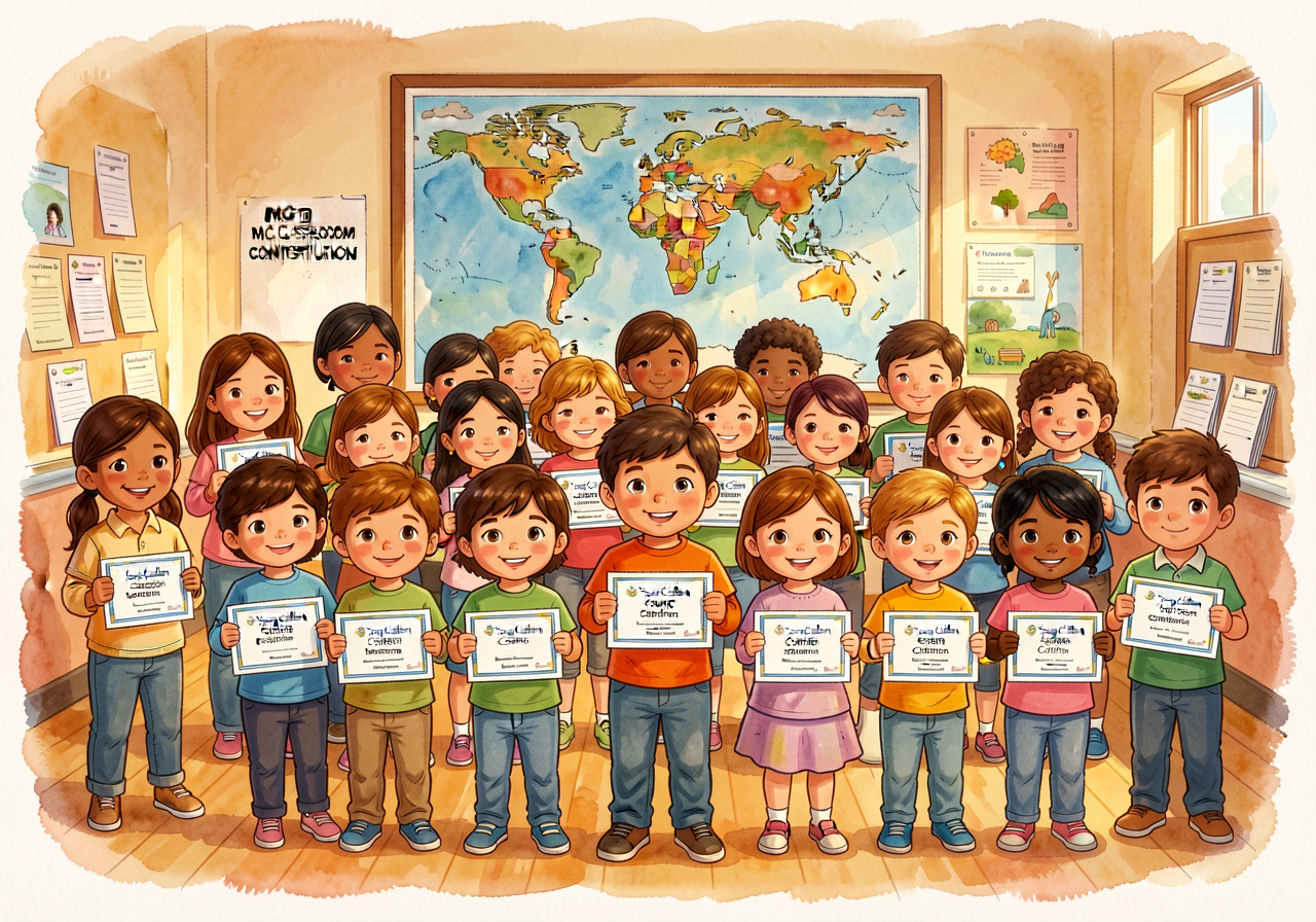 Wide-angle photo of full class with MG-10 Classroom Constitution and MG-7 World Map in background. Each child holding th