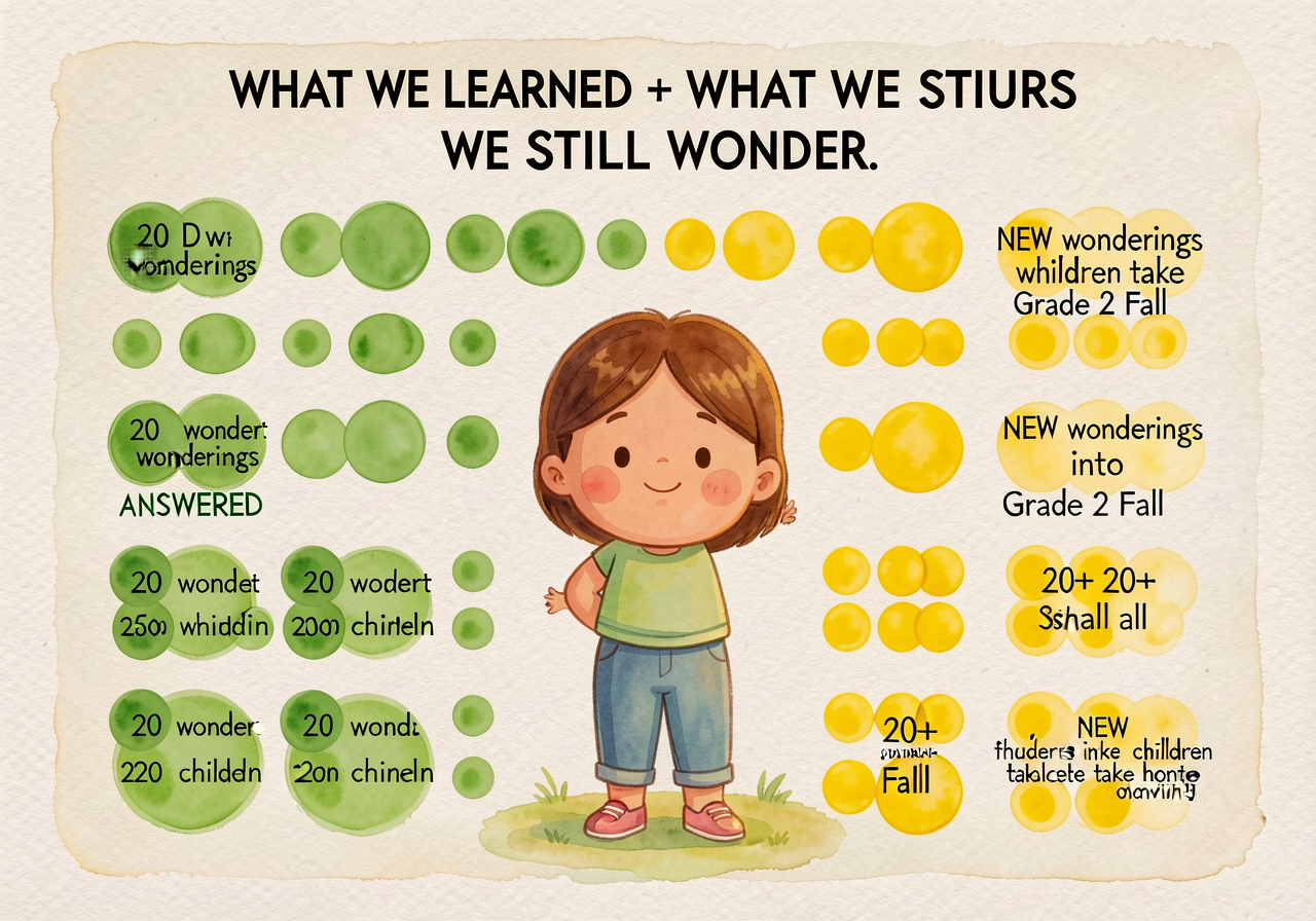 36x48 inch yellow-dot/green-dot chart titled 'WHAT WE LEARNED + WHAT WE STILL WONDER.' Green dots: 20 wonderings ANSWERE