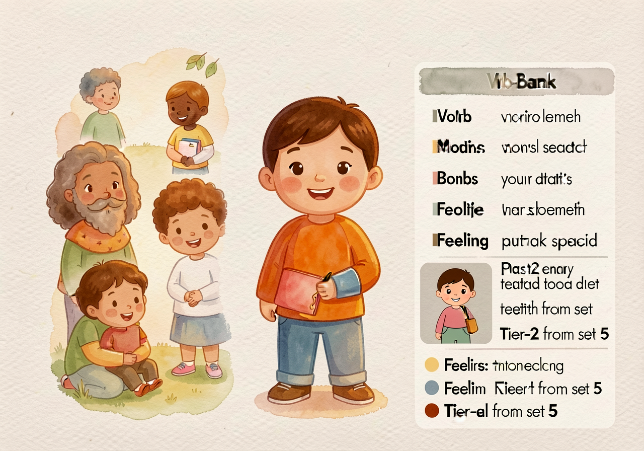 Verb-bank narrative chart: past-tense verbs by category (motion / speech / feeling / Tier-2 from set 5), color-coded. Us