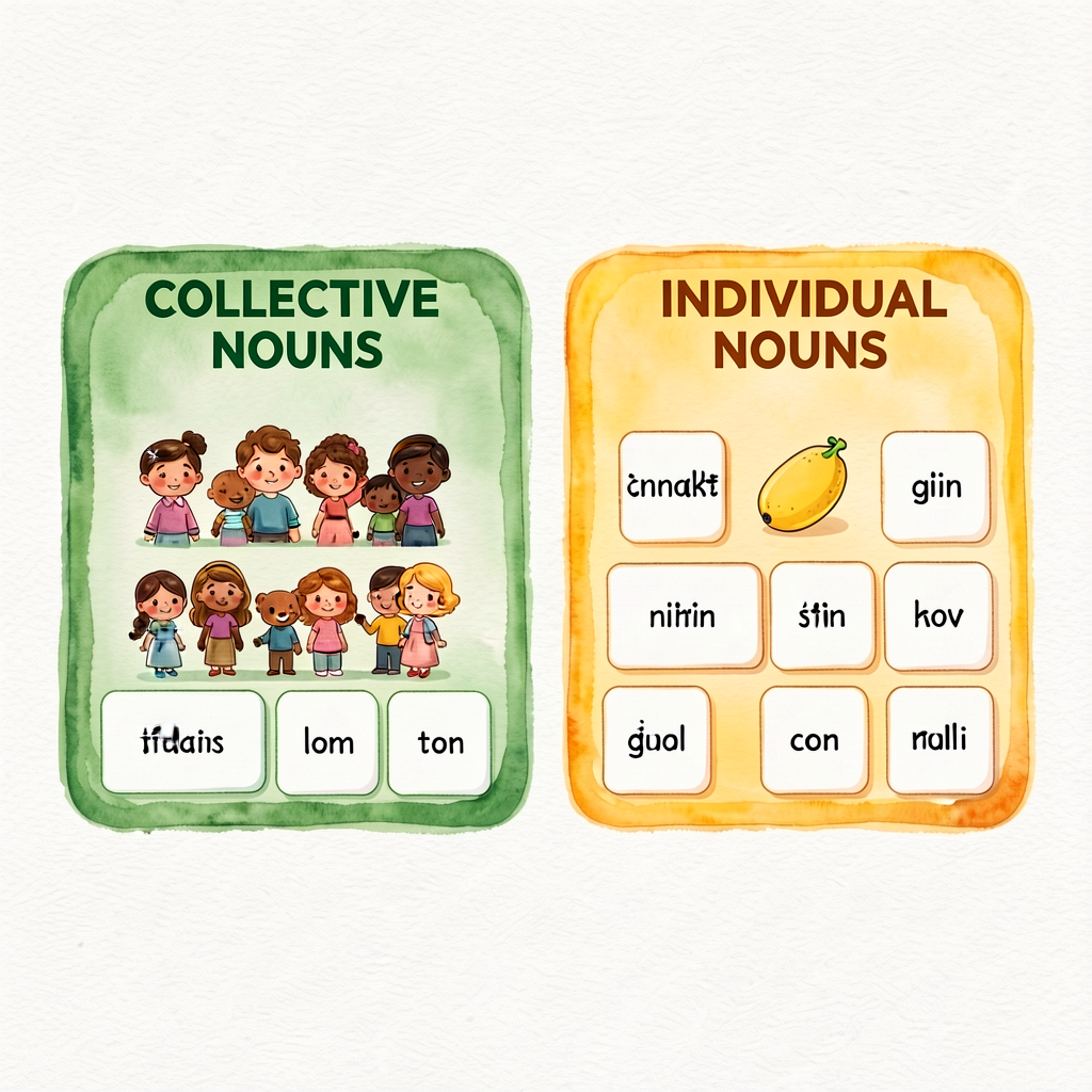 Two-mat sort: LEFT mat labeled COLLECTIVE NOUNS (green) with group icon; RIGHT mat labeled INDIVIDUAL NOUNS (yellow) wit