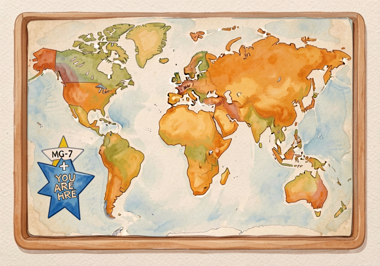 MG-7 with home country in blue + YOU ARE HERE star. Stored in labeled tray on materials shelf for repeated independent-p