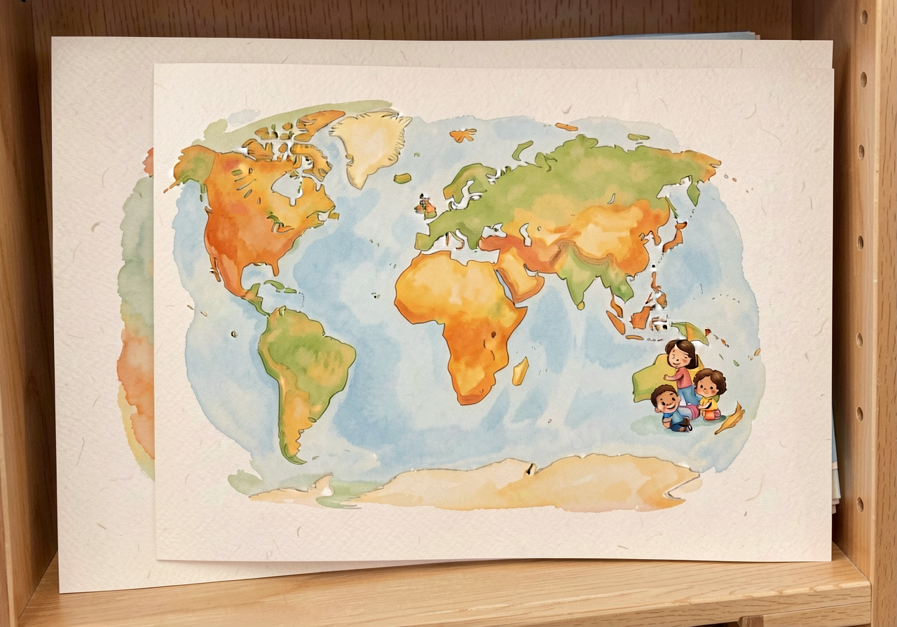 7-continent chant card 5x7. Stored in labeled tray on materials shelf for repeated independent-practice use; one set per