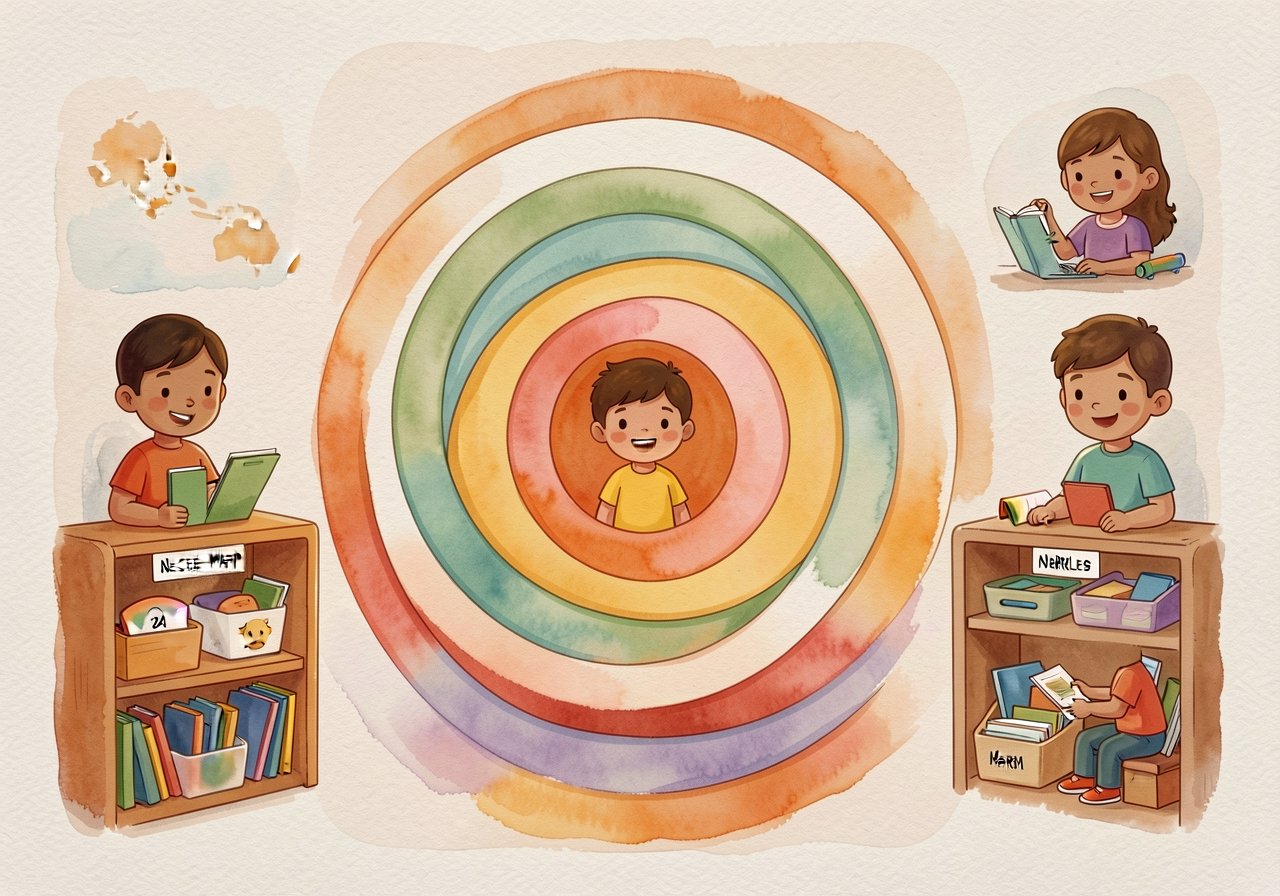 Personal Nested Place-Map 11x17 with 7 concentric rings. Stored in labeled tray on materials shelf for repeated independ