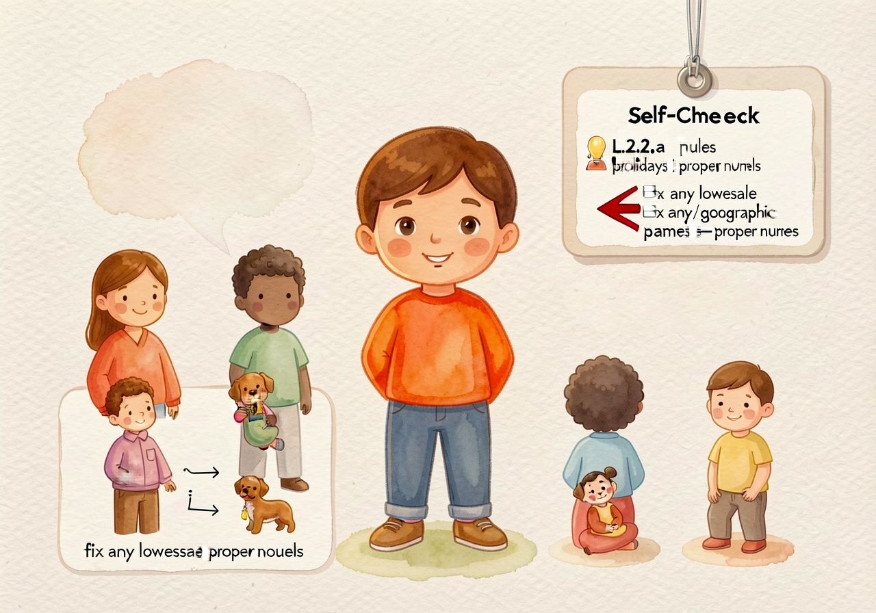 Capitalization self-check card: small reference card with the L.2.2.a rules — holidays / products / geographic names — a