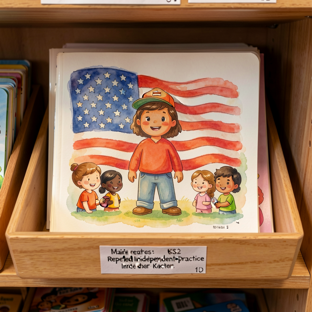 Real US flag with element decoder card. Stored in labeled tray on materials shelf for repeated independent-practice use;