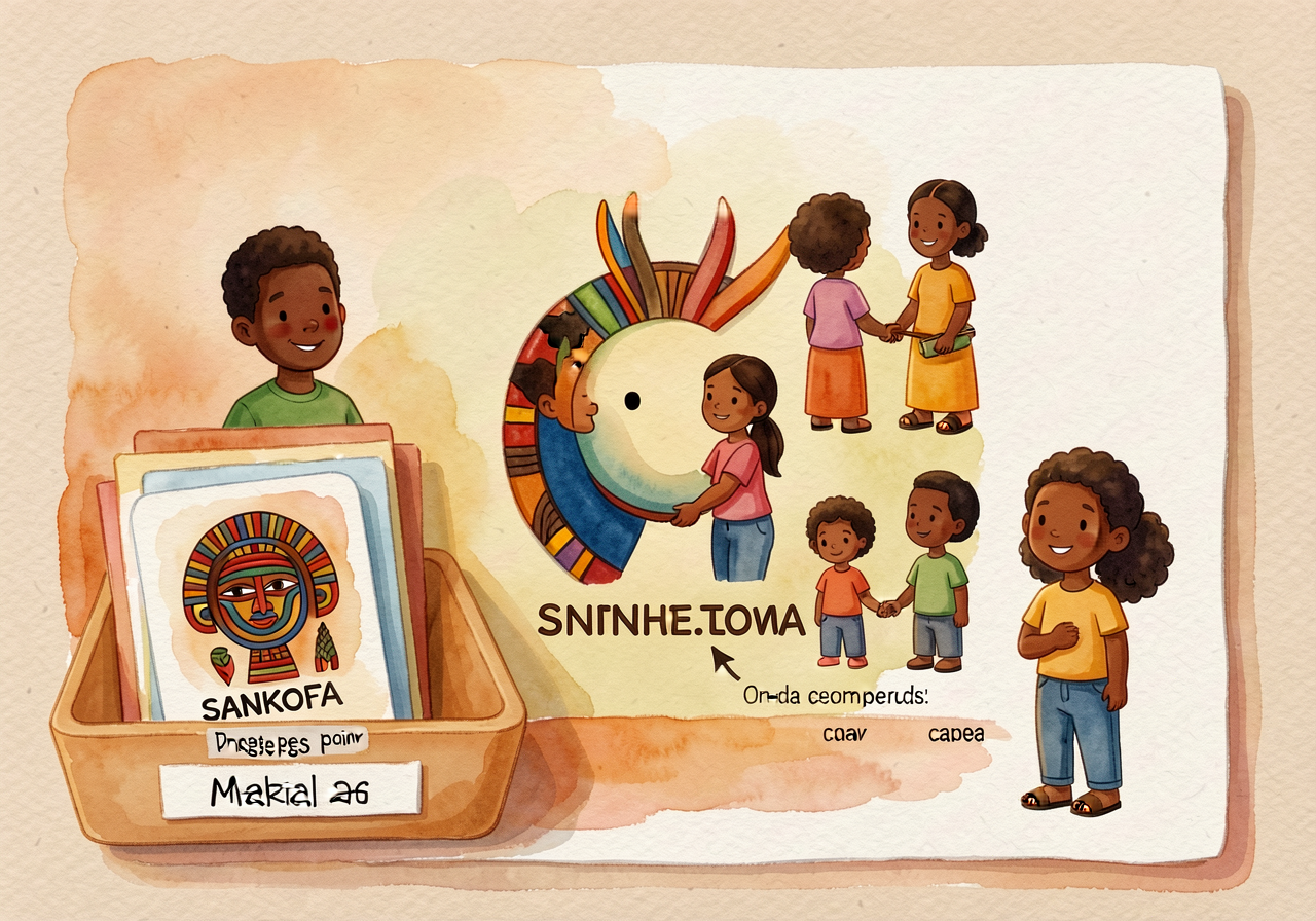 Sankofa adinkra symbol card with meaning printed. Stored in labeled tray on materials shelf for repeated independent-pra