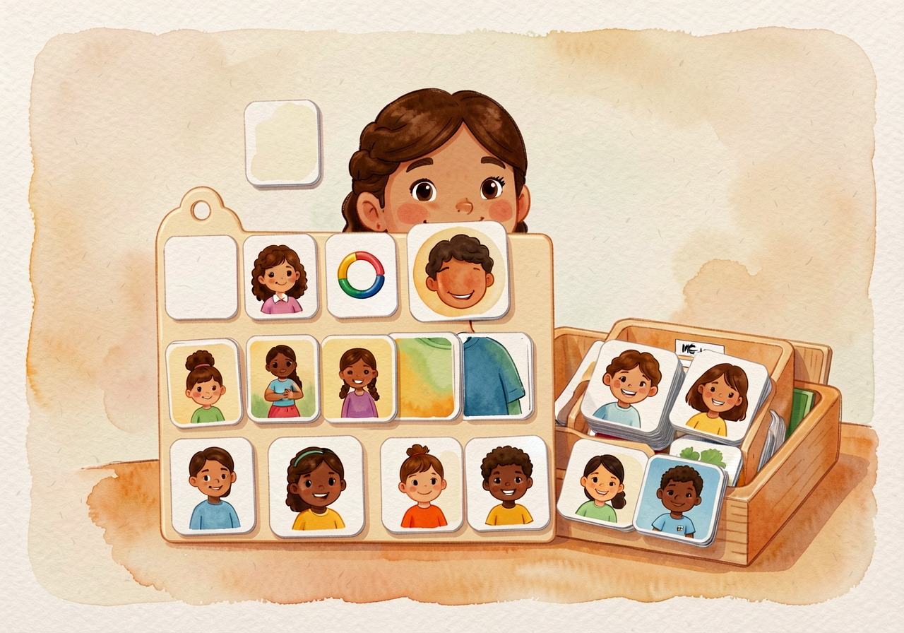 MG-8 5-Ring Belonging Chart with child-photo Velcro tiles. Stored in labeled tray on materials shelf for repeated indepe