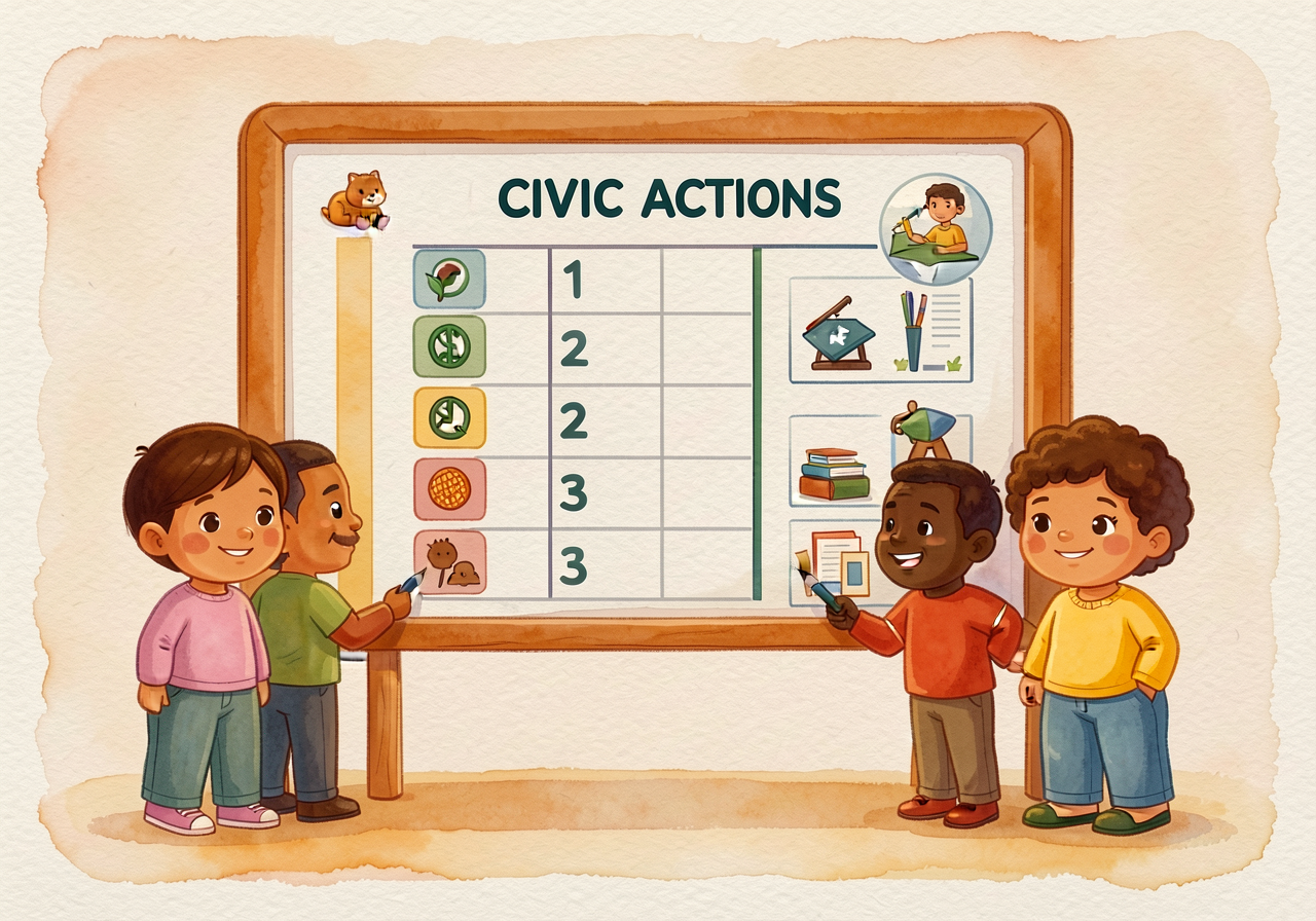 Civic Action progress board with weekly check-ins documented.