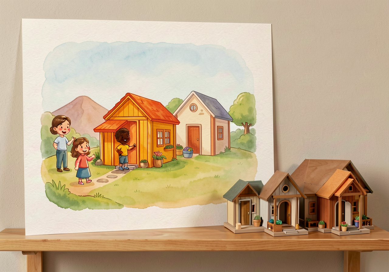 Mounted on classroom wall at child-eye-height; companion 3D model set (one of each dwelling, 6-inch scale) on shelf for 