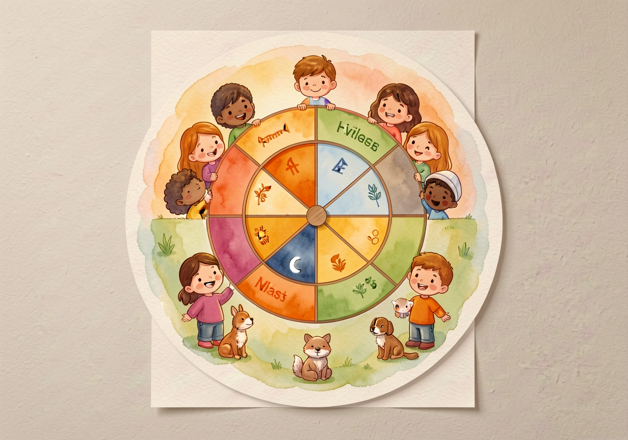 Mounted on classroom wall at child-eye-height. The circular shape itself teaches the cyclical nature of seasonal time - 