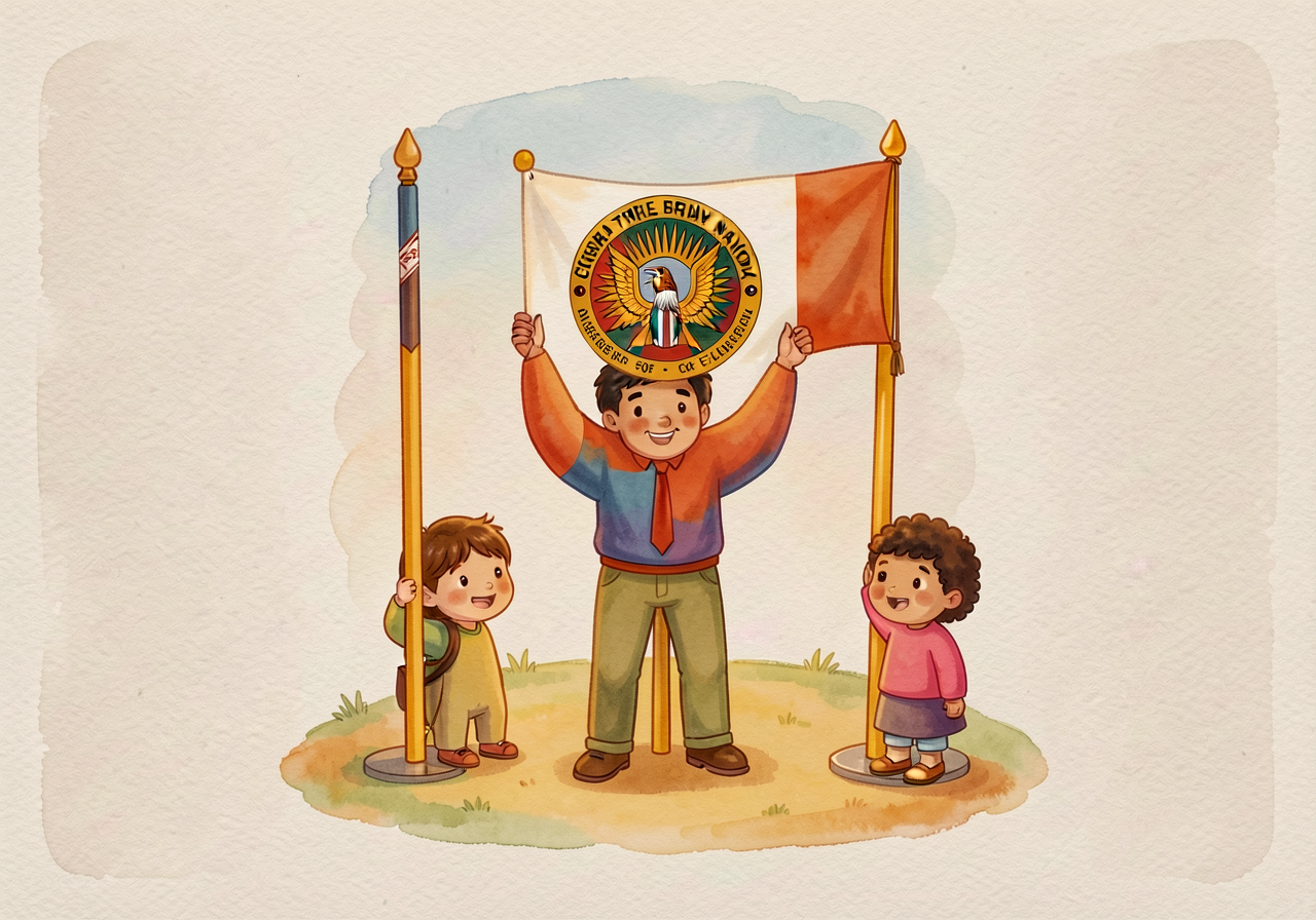 Mounted on classroom wall at child-eye-height. The visual equal height of the three poles is INTENTIONAL - sovereignty m