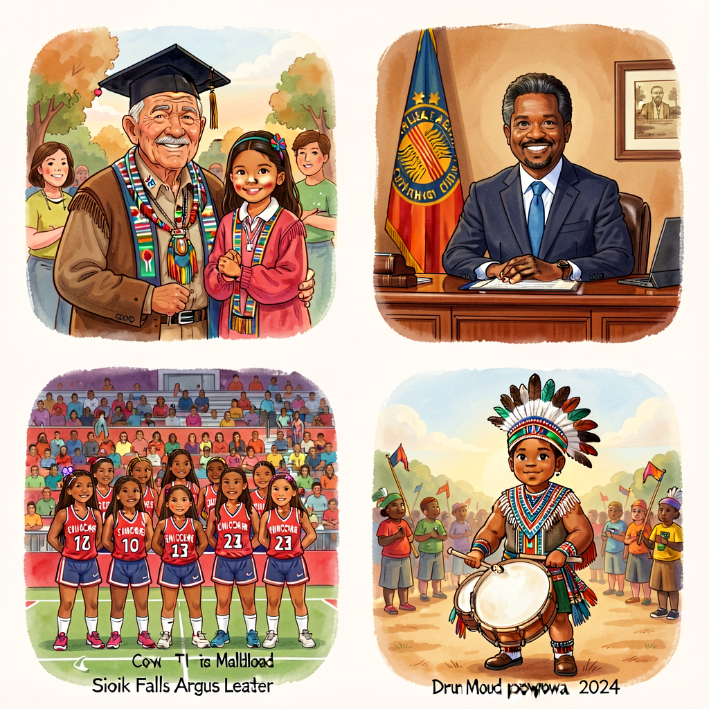 Curated 4-photo grid (each ~8x10): (1) Diné/Navajo Code Talker veteran Peter MacDonald with granddaughter at her UNM gra