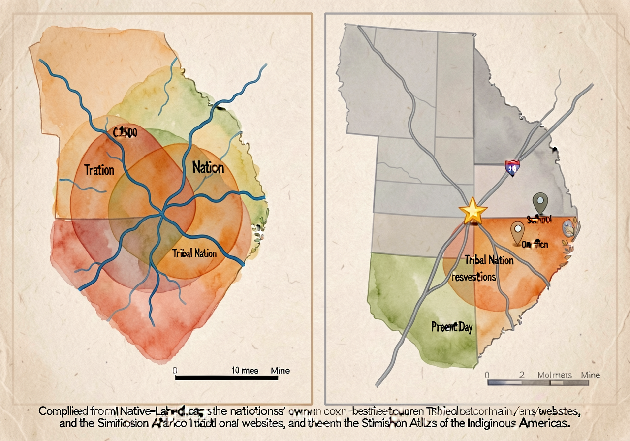 Two-panel map 24x18 each, side by side. LEFT panel: pre-contact c.1500 map of our region with Tribal Nation territories 