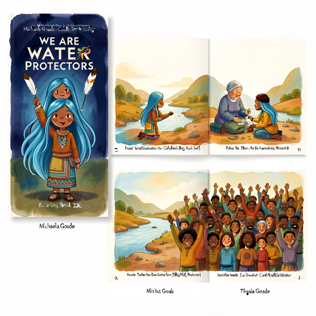 Three-spread layout from Michaela Goade's Caldecott-winning 'We Are Water Protectors' (Roaring Brook 2020): (1) cover - 