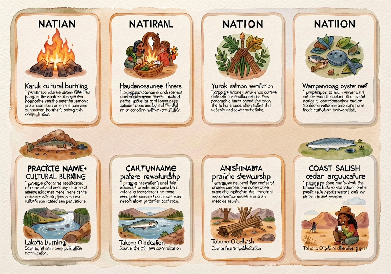 Wall chart 36x48, 4x2 grid of 8 practice cards each with: nation name + nation glyph, practice name (e.g., 'CULTURAL BUR