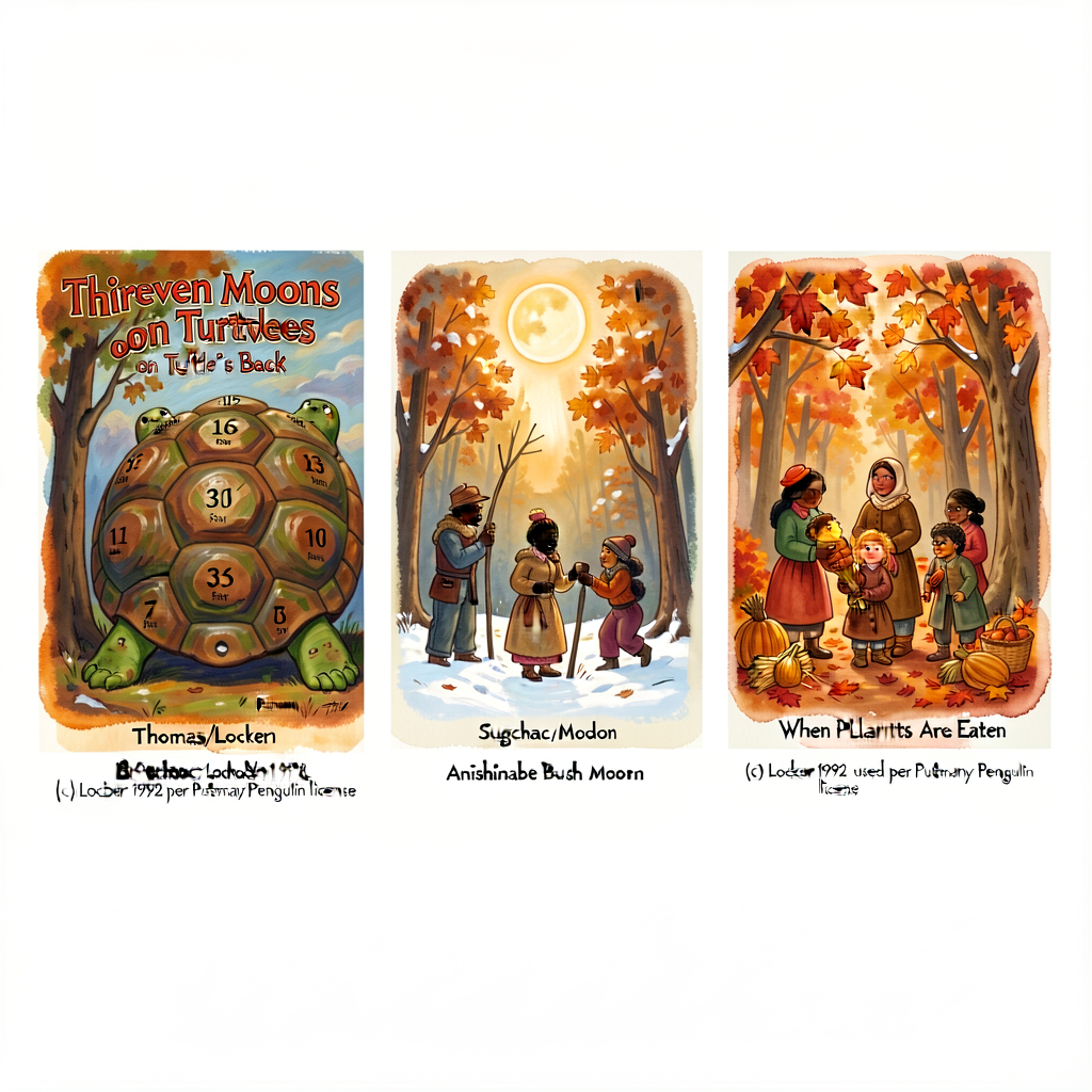 Three reproductions of Thomas Locker oil-painting spreads from Bruchac/London 'Thirteen Moons on Turtle's Back' (Putnam 