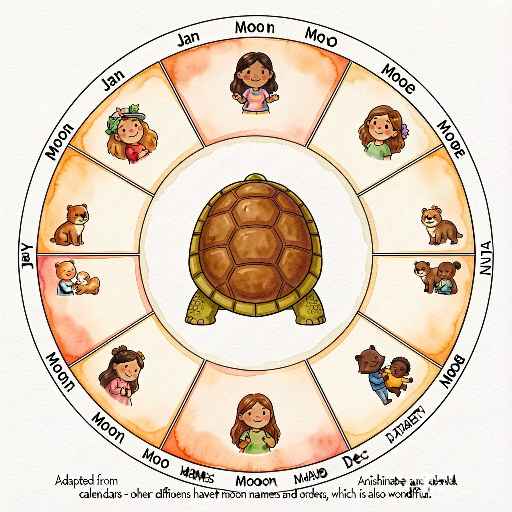 Wall chart 36x36, circular. Center: turtle-back diagram with 13 numbered plates. Outer ring: 13 blank wedges for each mo
