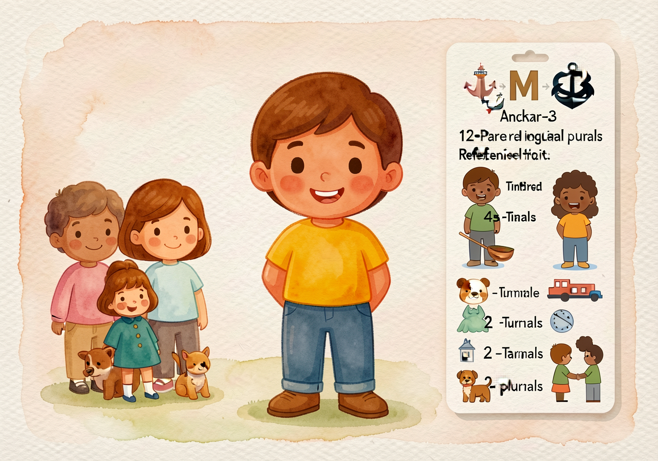 Mini MG-3 anchor card — 12-pair irregular plurals reference at A5 size. Print-ready, dyslexic-friendly font.
