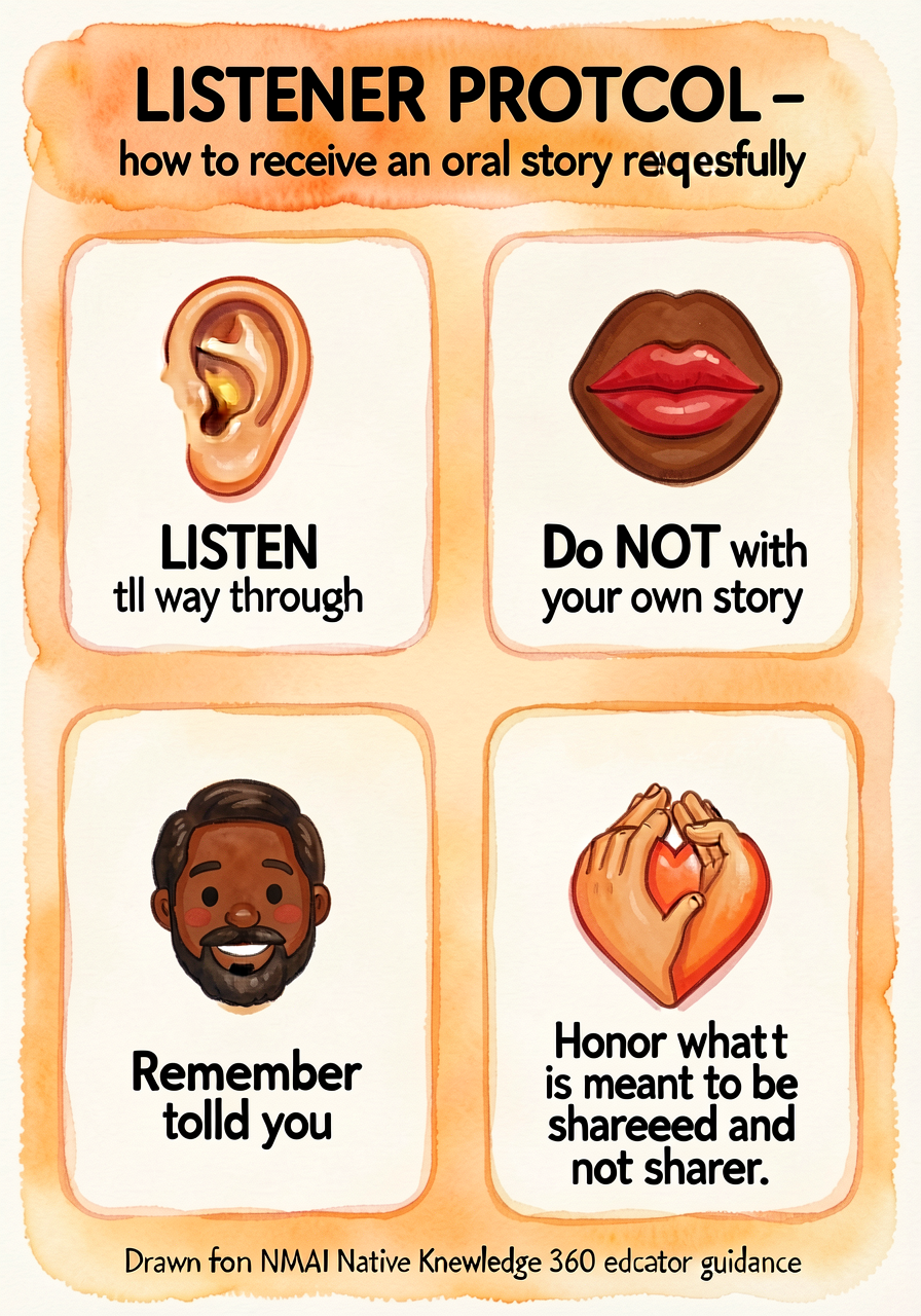 Anchor card 24x36, vertical. Four rule panels with icon + words: (1) ear icon 'LISTEN all the way through'; (2) closed-m