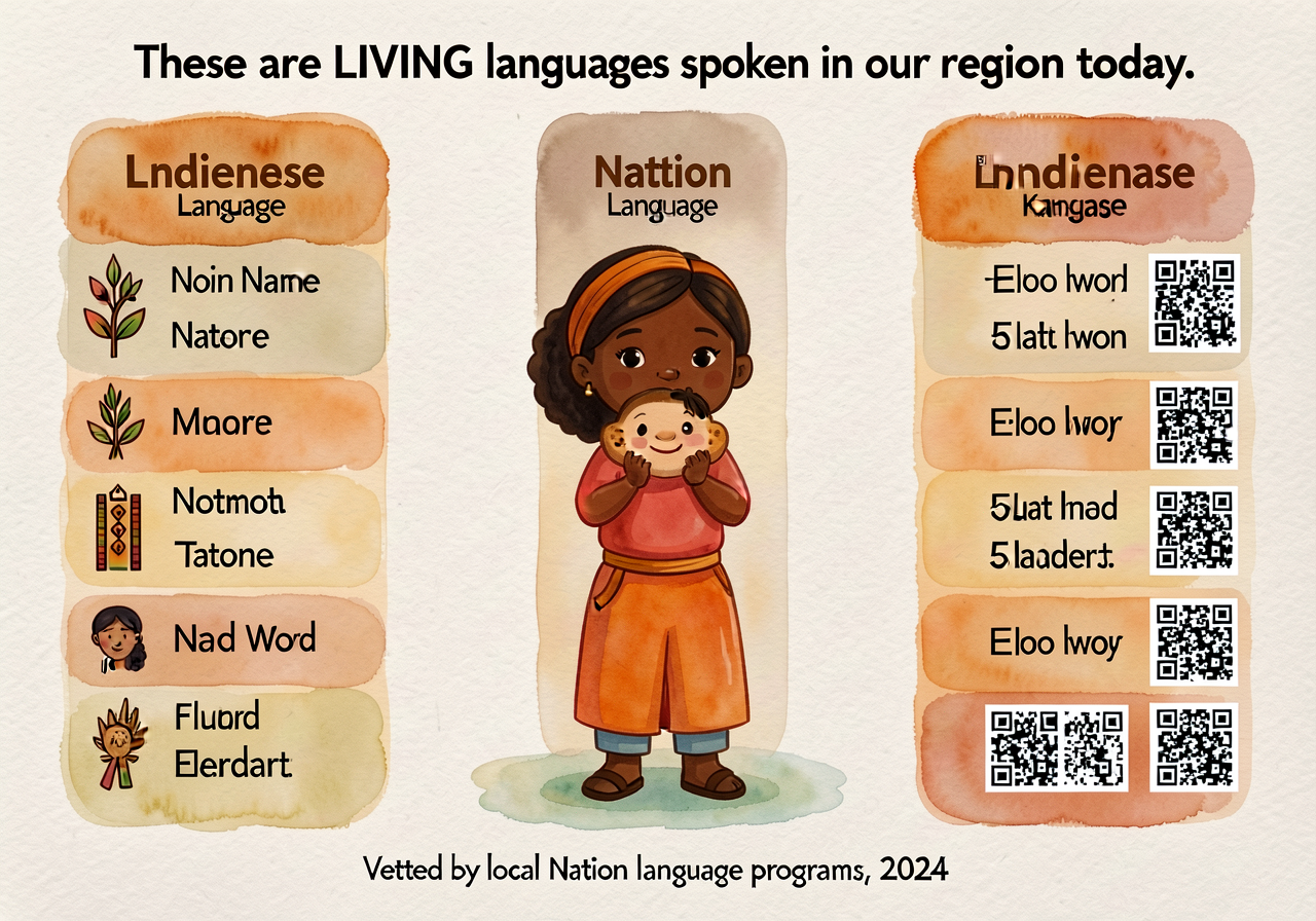 Wall chart 36x48, 5 vertical columns (one per local Indigenous language - exact set varies by region but typically 3-7 n