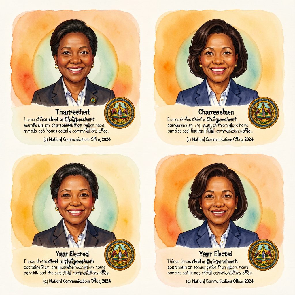 Four 8x10 portraits arranged 2x2, each with: official portrait of current Chief or Chairperson, name and title, year ele