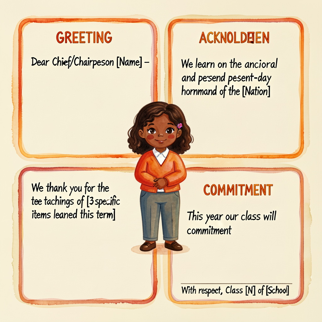 Wall poster 24x36, cream background, hand-lettered 4-section template: GREETING ('Dear Chief/Chairperson [Name] -'), ACK
